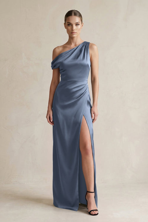 One - Shoulder Satin Sheath Bridesmaid Dress With Slit in Neptune - KISS BRIDAL Bridesmaid Dresses