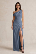 One-Shoulder Satin Sheath Bridesmaid Dress With Slit in Neptune | KISSBRIDAL