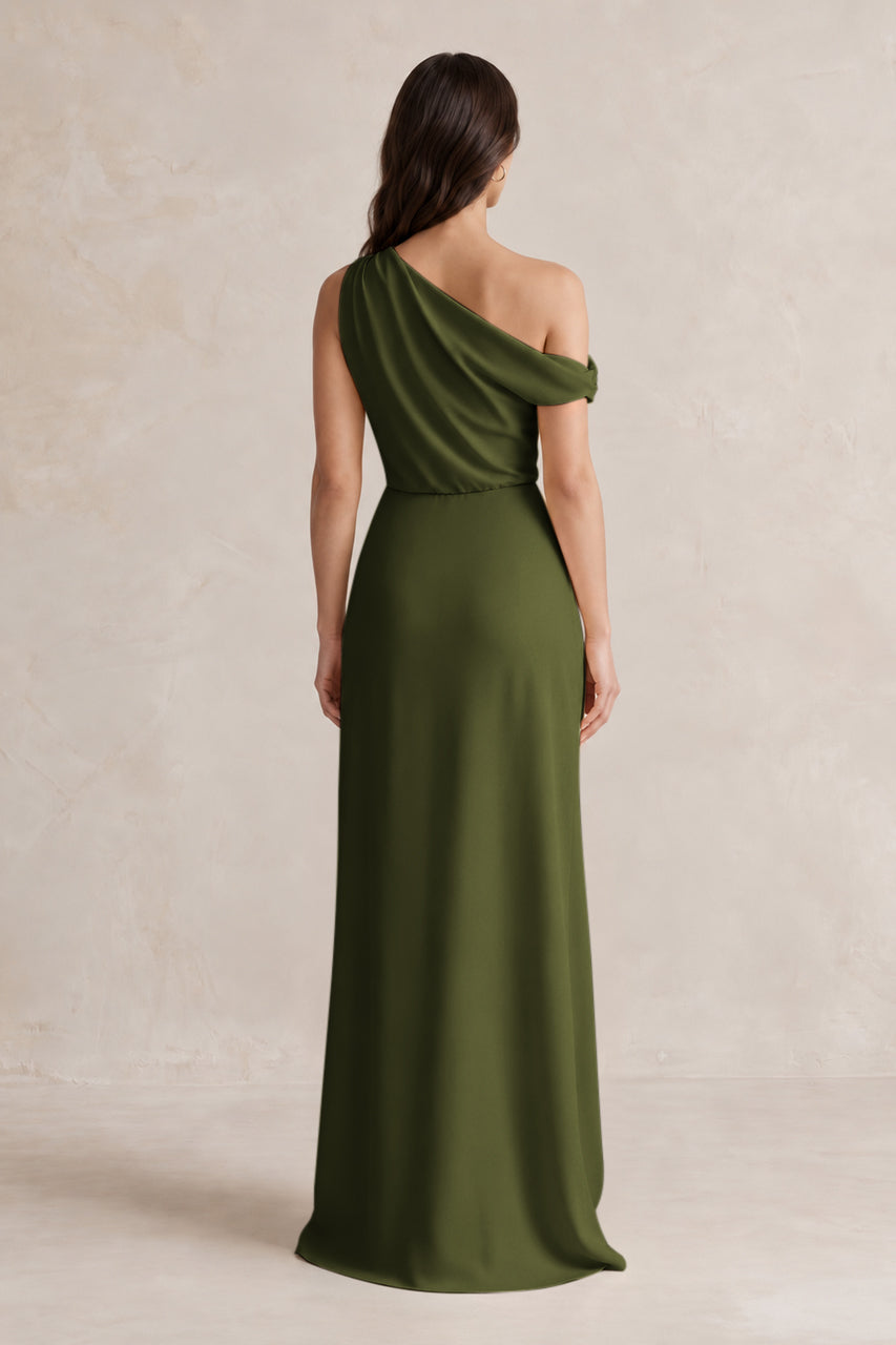 One-Shoulder Satin Sheath Bridesmaid Dress With Slit in Olive