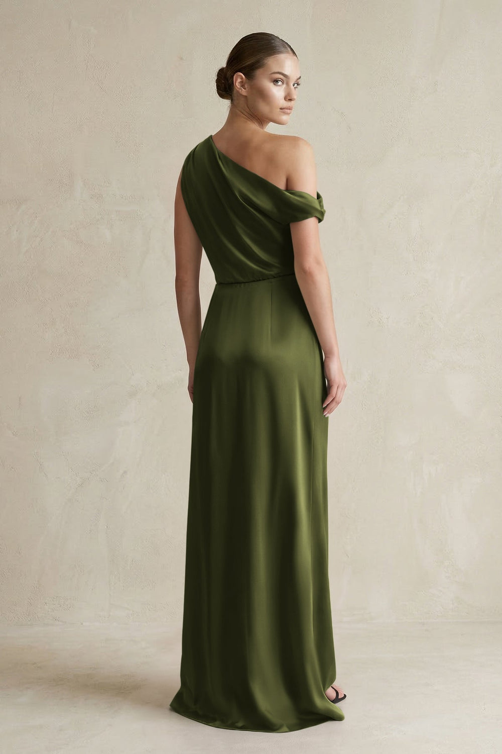 One - Shoulder Satin Sheath Bridesmaid Dress With Slit in Olive - KISS BRIDAL Bridesmaid Dresses