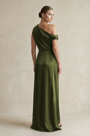 One - Shoulder Satin Sheath Bridesmaid Dress With Slit in Olive - KISS BRIDAL Bridesmaid Dresses