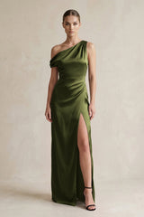 One - Shoulder Satin Sheath Bridesmaid Dress With Slit in Olive - KISS BRIDAL Bridesmaid Dresses