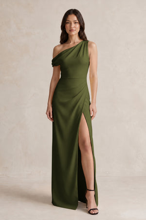 One-Shoulder Satin Sheath Bridesmaid Dress With Slit in Olive | KISSBRIDAL