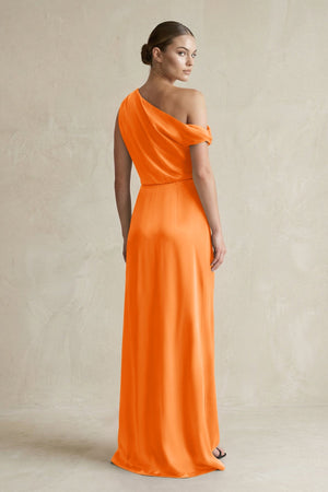 One - Shoulder Satin Sheath Bridesmaid Dress With Slit in Orange - KISS BRIDAL Bridesmaid Dresses