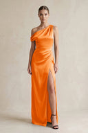 One - Shoulder Satin Sheath Bridesmaid Dress With Slit in Orange - KISS BRIDAL Bridesmaid Dresses