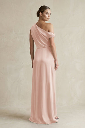 One - Shoulder Satin Sheath Bridesmaid Dress With Slit in Pale Blush - KISS BRIDAL Bridesmaid Dresses