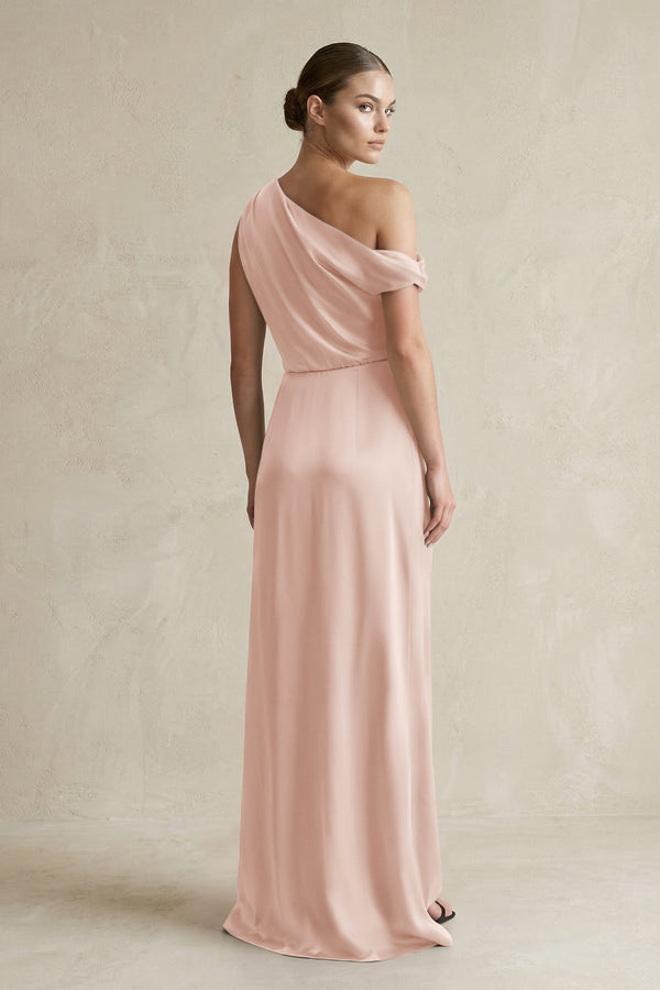 One - Shoulder Satin Sheath Bridesmaid Dress With Slit in Pale Blush - KISS BRIDAL Bridesmaid Dresses