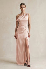 One - Shoulder Satin Sheath Bridesmaid Dress With Slit in Pale Blush - KISS BRIDAL Bridesmaid Dresses