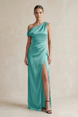 One - Shoulder Satin Sheath Bridesmaid Dress With Slit in Pale Pistachio - KISS BRIDAL Bridesmaid Dresses
