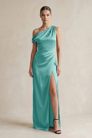 One - Shoulder Satin Sheath Bridesmaid Dress With Slit in Pale Pistachio - KISS BRIDAL Bridesmaid Dresses