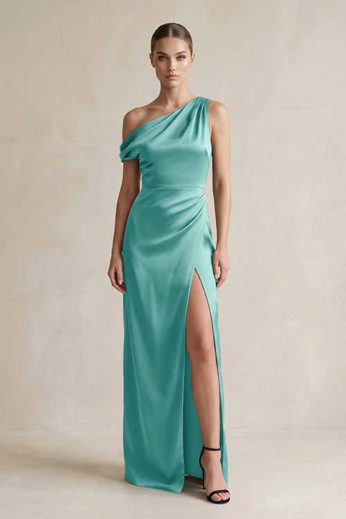 One - Shoulder Satin Sheath Bridesmaid Dress With Slit in Pale Pistachio - KISS BRIDAL Bridesmaid Dresses