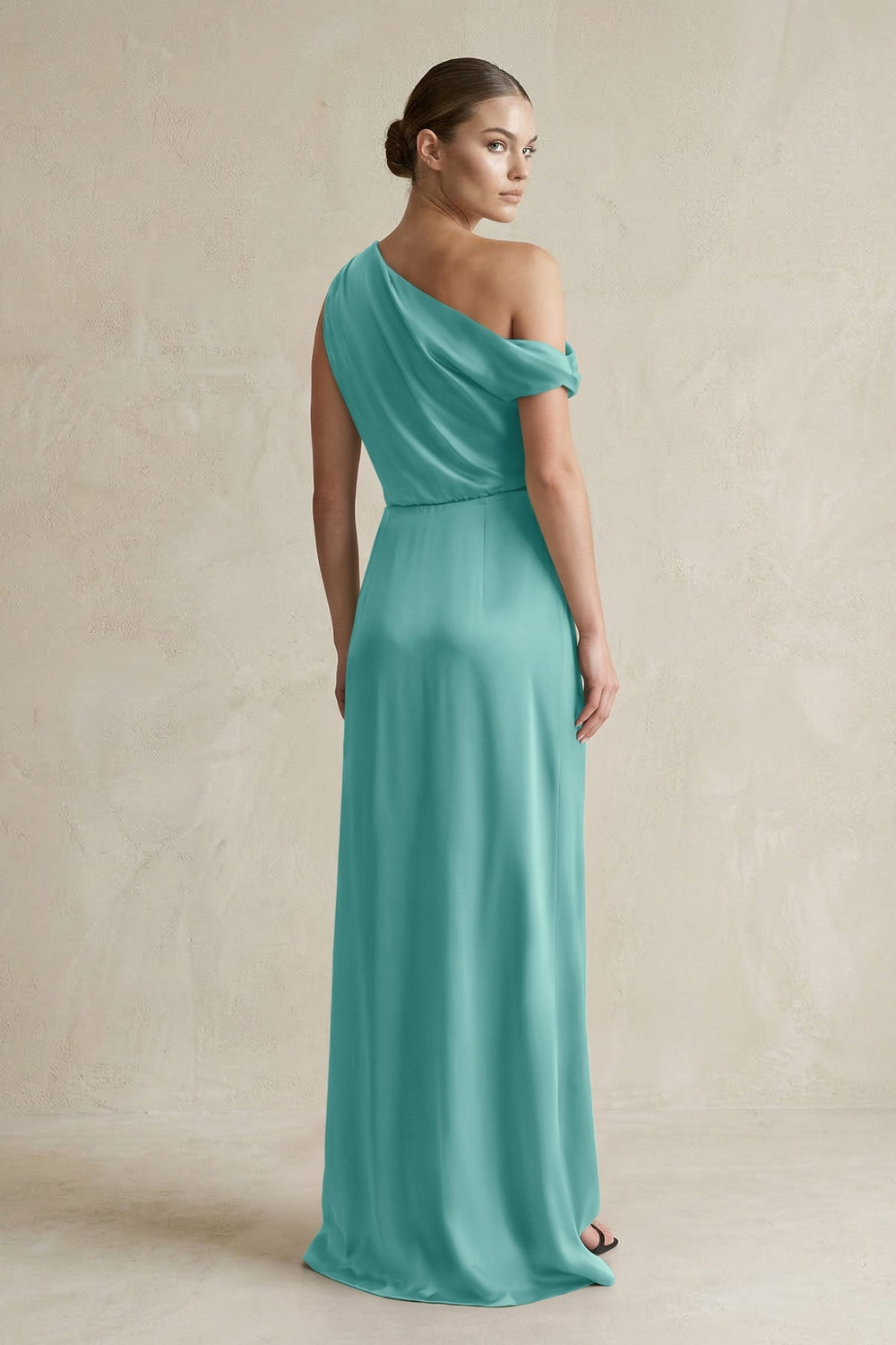 One - Shoulder Satin Sheath Bridesmaid Dress With Slit in Pale Pistachio - KISS BRIDAL Bridesmaid Dresses