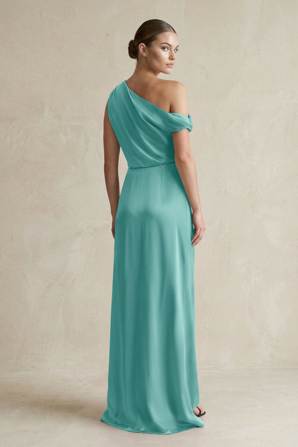 One - Shoulder Satin Sheath Bridesmaid Dress With Slit in Pale Pistachio - KISS BRIDAL Bridesmaid Dresses