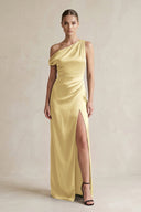 One - Shoulder Satin Sheath Bridesmaid Dress With Slit in Pastel Yellow - KISS BRIDAL Bridesmaid Dresses