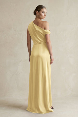 One - Shoulder Satin Sheath Bridesmaid Dress With Slit in Pastel Yellow - KISS BRIDAL Bridesmaid Dresses