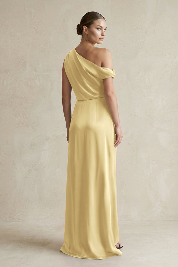 One - Shoulder Satin Sheath Bridesmaid Dress With Slit in Pastel Yellow - KISS BRIDAL Bridesmaid Dresses