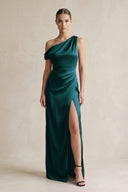 One - Shoulder Satin Sheath Bridesmaid Dress With Slit in Pine - KISS BRIDAL Bridesmaid Dresses