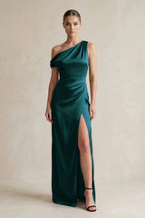 One - Shoulder Satin Sheath Bridesmaid Dress With Slit in Pine - KISS BRIDAL Bridesmaid Dresses