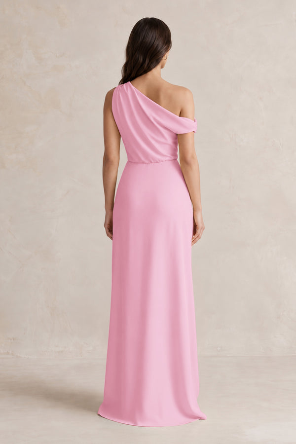 One-Shoulder Satin Sheath Bridesmaid Dress With Slit in Pink (2) | KISSBRIDAL
