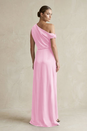 One - Shoulder Satin Sheath Bridesmaid Dress With Slit in Pink - KISS BRIDAL Bridesmaid Dresses