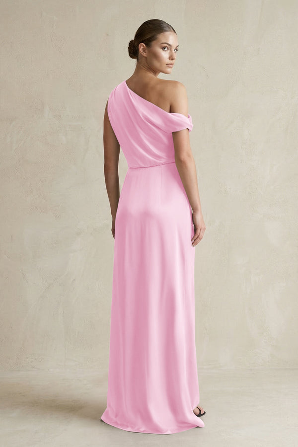 One - Shoulder Satin Sheath Bridesmaid Dress With Slit in Pink - KISS BRIDAL Bridesmaid Dresses