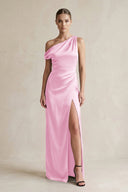 One - Shoulder Satin Sheath Bridesmaid Dress With Slit in Pink - KISS BRIDAL Bridesmaid Dresses