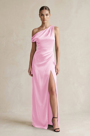 One - Shoulder Satin Sheath Bridesmaid Dress With Slit in Pink - KISS BRIDAL Bridesmaid Dresses