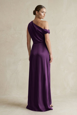 One - Shoulder Satin Sheath Bridesmaid Dress With Slit in Plum - KISS BRIDAL Bridesmaid Dresses