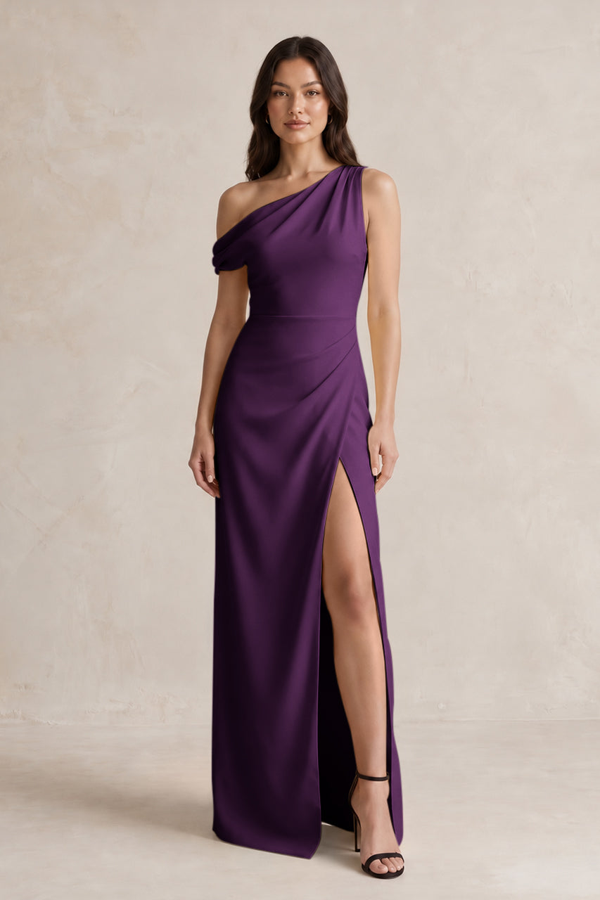 One-Shoulder Satin Sheath Bridesmaid Dress With Slit in Plum