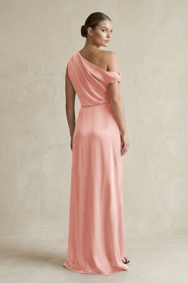 One - Shoulder Satin Sheath Bridesmaid Dress With Slit in Rose Petal - KISS BRIDAL Bridesmaid Dresses