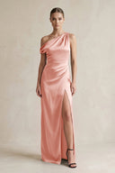 One - Shoulder Satin Sheath Bridesmaid Dress With Slit in Rose Petal - KISS BRIDAL Bridesmaid Dresses