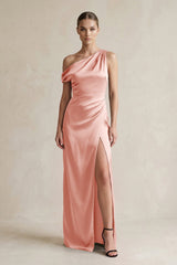 One - Shoulder Satin Sheath Bridesmaid Dress With Slit in Rose Petal - KISS BRIDAL Bridesmaid Dresses