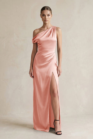 One - Shoulder Satin Sheath Bridesmaid Dress With Slit in Rose Petal - KISS BRIDAL Bridesmaid Dresses