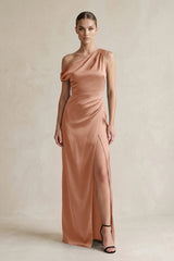 One - Shoulder Satin Sheath Bridesmaid Dress With Slit in Rosette - KISS BRIDAL Bridesmaid Dresses