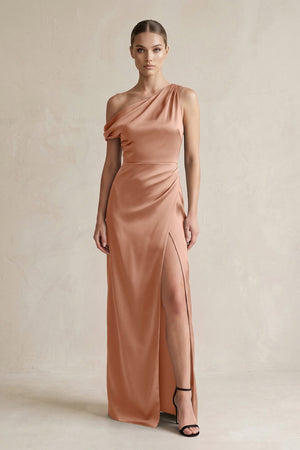 One - Shoulder Satin Sheath Bridesmaid Dress With Slit in Rosette - KISS BRIDAL Bridesmaid Dresses