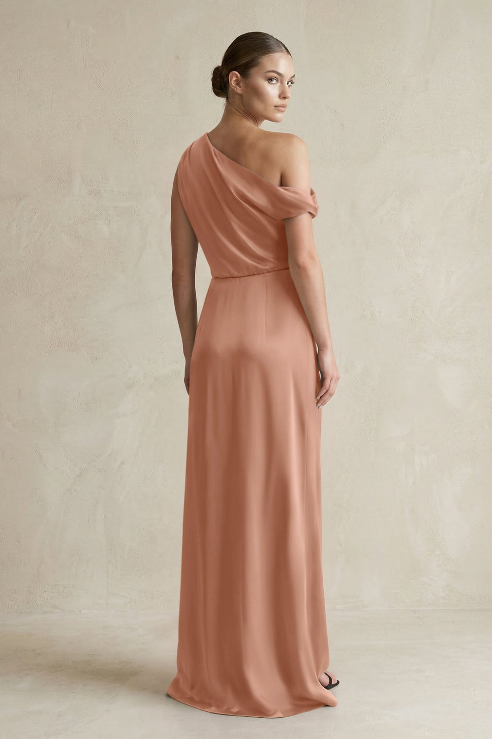 One - Shoulder Satin Sheath Bridesmaid Dress With Slit in Rosette - KISS BRIDAL Bridesmaid Dresses