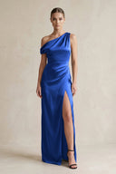 One - Shoulder Satin Sheath Bridesmaid Dress With Slit in Royal Blue - KISS BRIDAL Bridesmaid Dresses