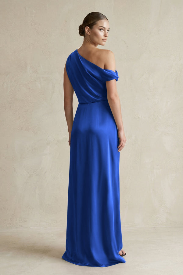 One - Shoulder Satin Sheath Bridesmaid Dress With Slit in Royal Blue - KISS BRIDAL Bridesmaid Dresses