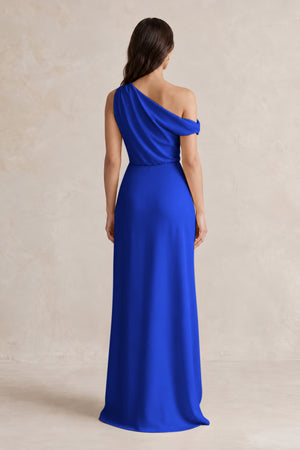 One-Shoulder Satin Sheath Bridesmaid Dress With Slit in Royal Blue (2) | KISSBRIDAL