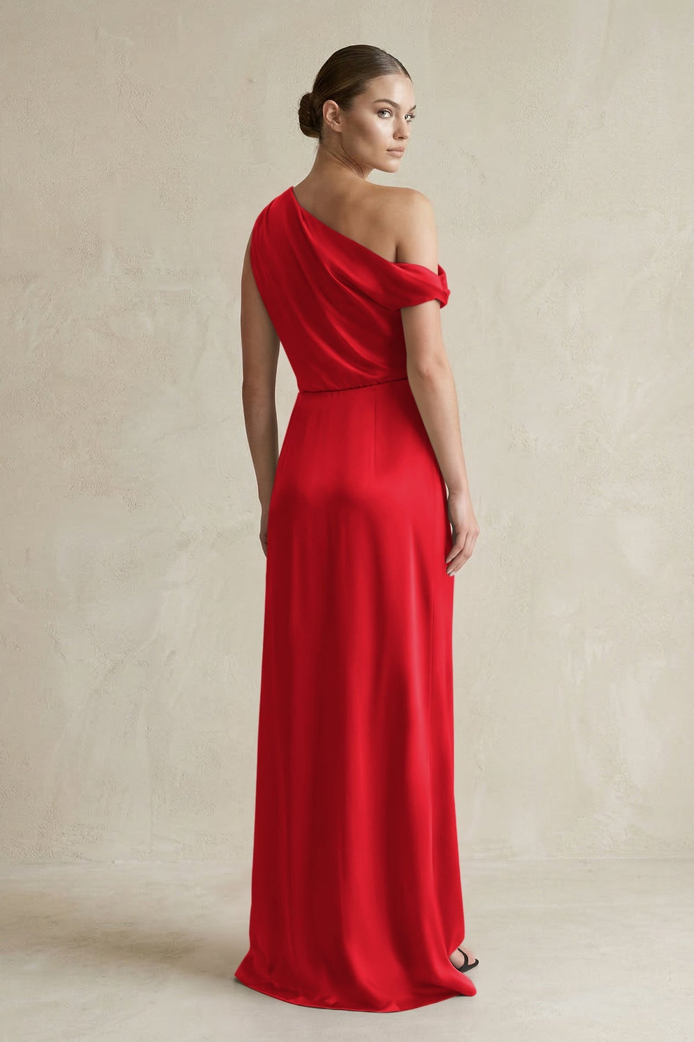 One - Shoulder Satin Sheath Bridesmaid Dress With Slit in Ruby Red - KISS BRIDAL Bridesmaid Dresses