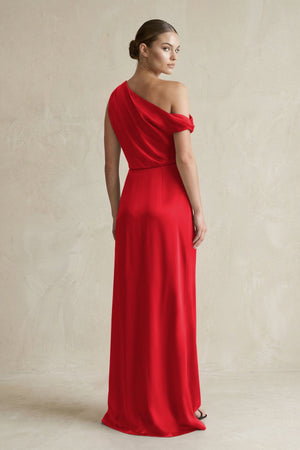 One - Shoulder Satin Sheath Bridesmaid Dress With Slit in Ruby Red - KISS BRIDAL Bridesmaid Dresses