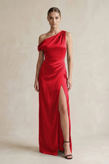 One - Shoulder Satin Sheath Bridesmaid Dress With Slit in Ruby Red - KISS BRIDAL Bridesmaid Dresses