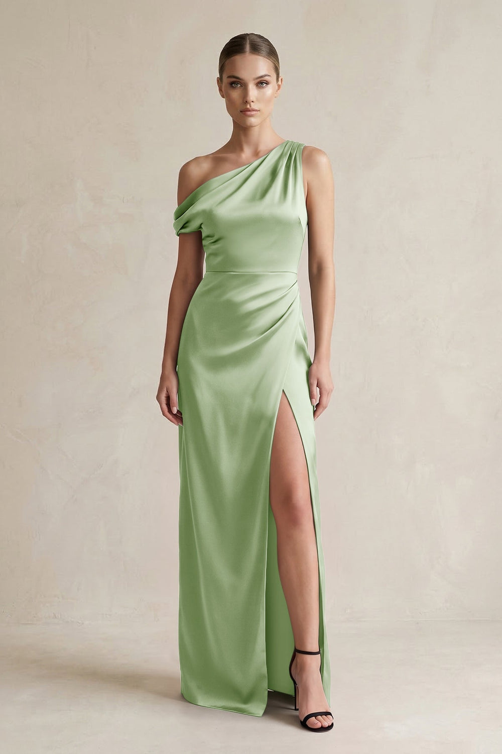 One - Shoulder Satin Sheath Bridesmaid Dress With Slit in Sage - KISS BRIDAL Bridesmaid Dresses