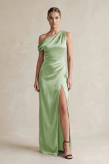 One - Shoulder Satin Sheath Bridesmaid Dress With Slit in Sage - KISS BRIDAL Bridesmaid Dresses