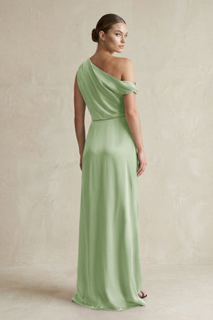 One - Shoulder Satin Sheath Bridesmaid Dress With Slit in Sage - KISS BRIDAL Bridesmaid Dresses