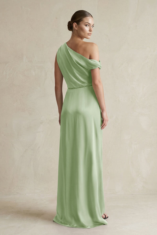 One - Shoulder Satin Sheath Bridesmaid Dress With Slit in Sage - KISS BRIDAL Bridesmaid Dresses