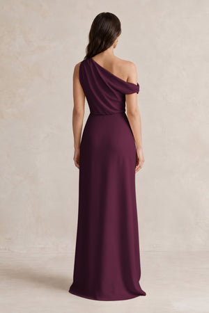 One-Shoulder Satin Sheath Bridesmaid Dress With Slit in Sangria (2) | KISSBRIDAL