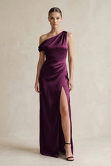 One - Shoulder Satin Sheath Bridesmaid Dress With Slit in Sangria - KISS BRIDAL Bridesmaid Dresses