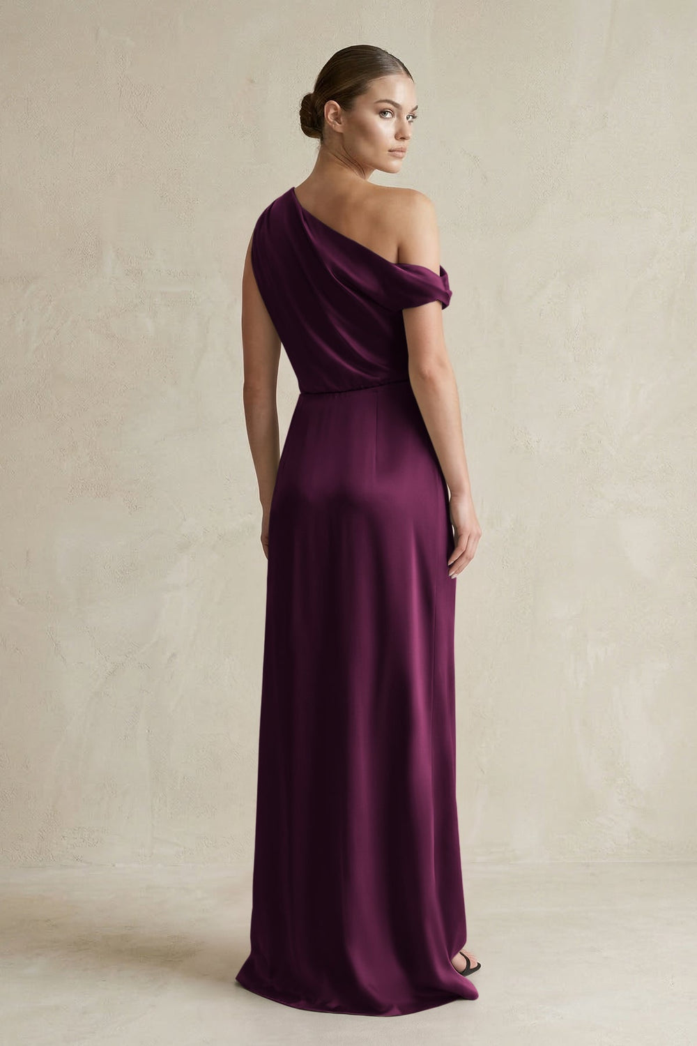 One - Shoulder Satin Sheath Bridesmaid Dress With Slit in Sangria - KISS BRIDAL Bridesmaid Dresses