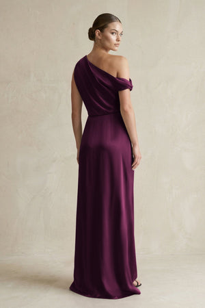 One - Shoulder Satin Sheath Bridesmaid Dress With Slit in Sangria - KISS BRIDAL Bridesmaid Dresses